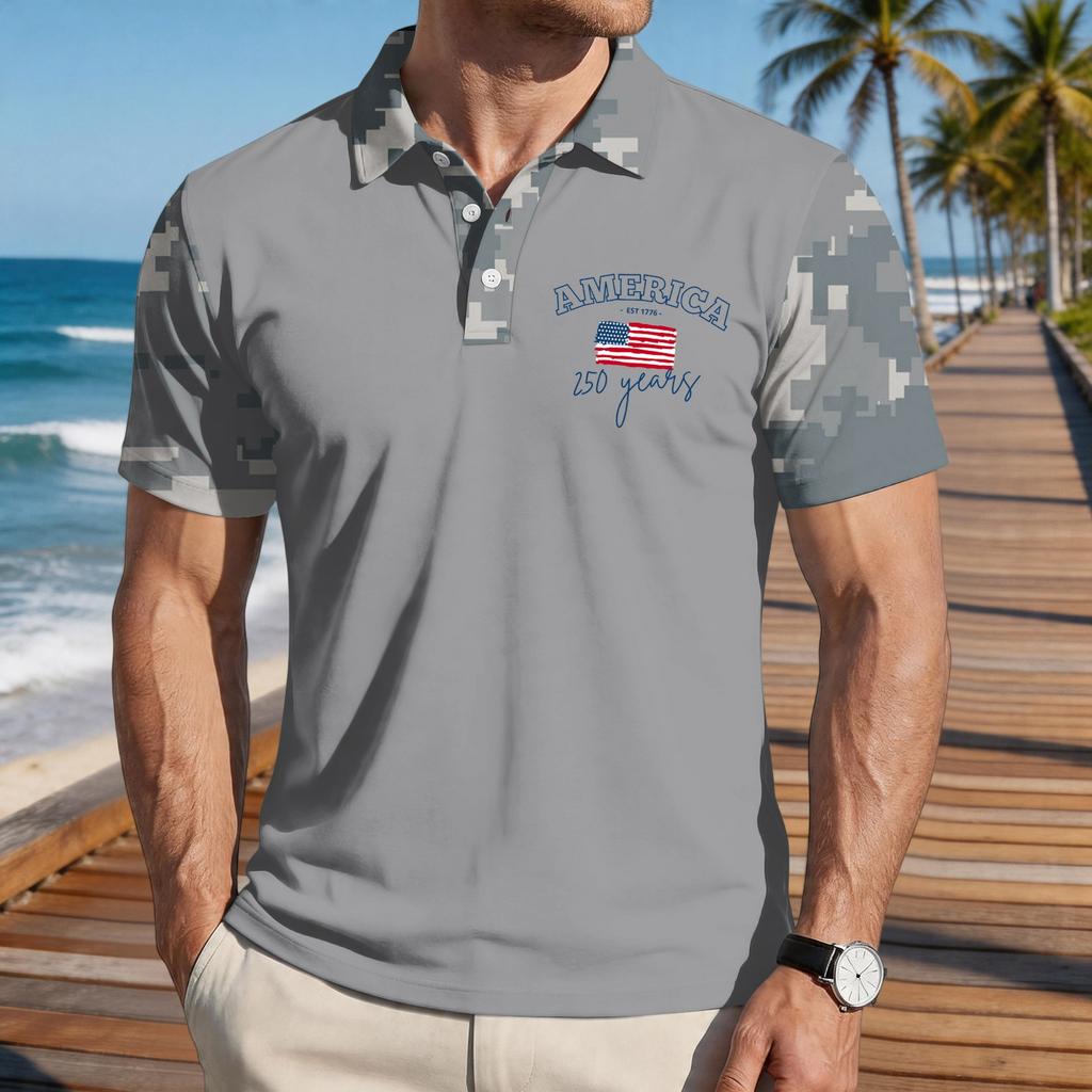 Men's Loose Fit Casual Polo Shirt Short Sleeve Flag Print Button Down Collar Lightweight Breathable Fabric Summer Top