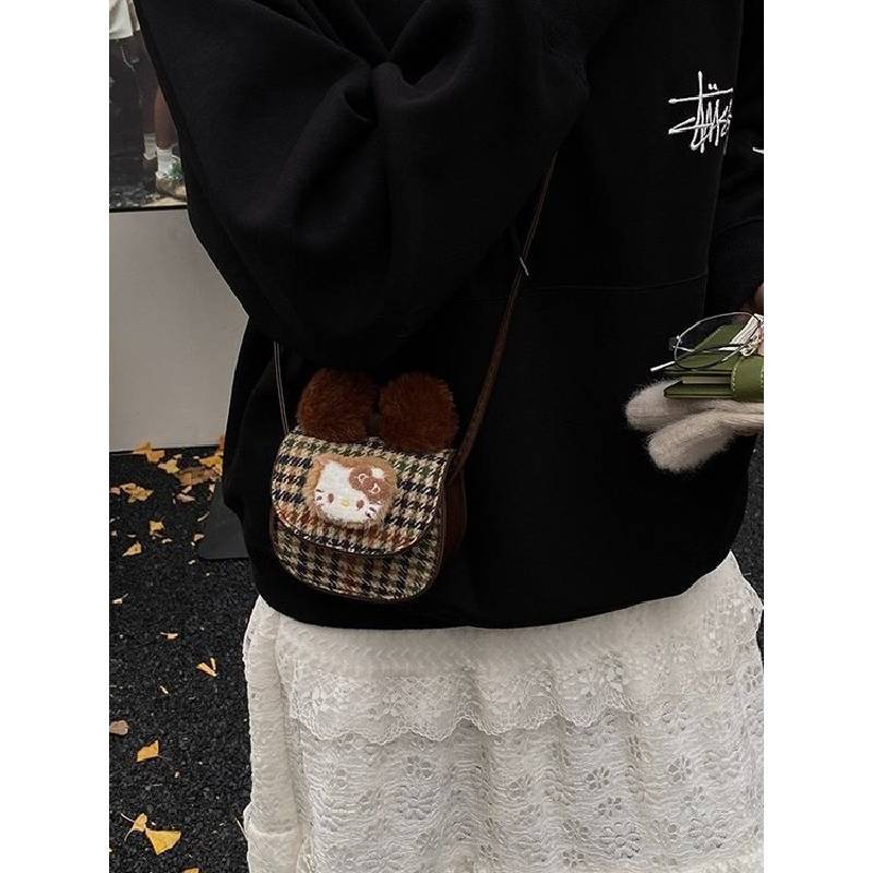 Hello Kitty Single Shoulder Bag With Retro Plaid Design For Daily Use