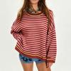 Women's Casual Loose Fit Color-Block Stripe Patchwork Knit Long Sleeve Pullover Sweater