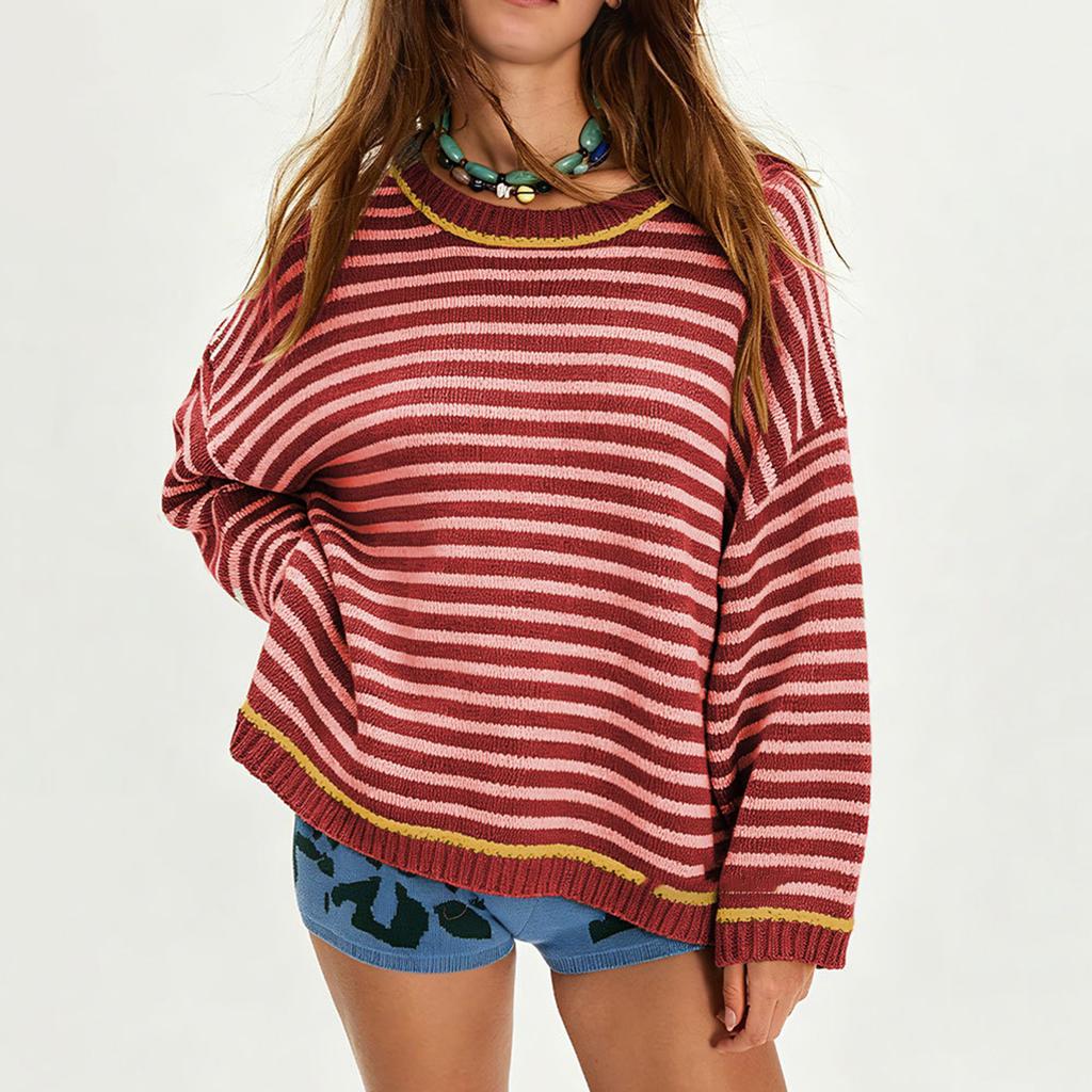 Women's Casual Loose Fit Color-Block Stripe Patchwork Knit Long Sleeve Pullover Sweater