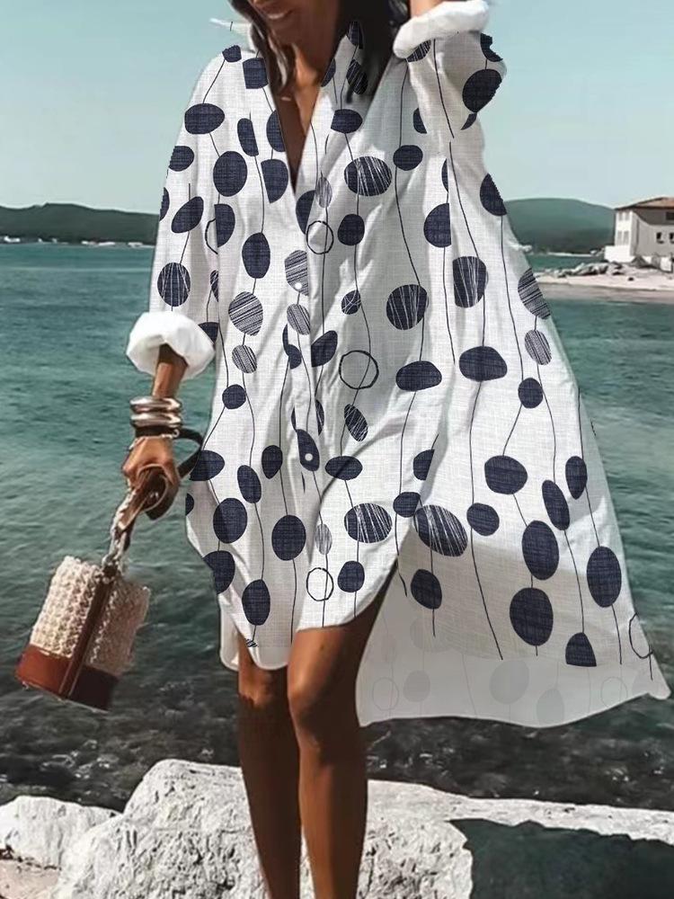 Trendy 3D Floral Print Lapel Long Sleeve Dress