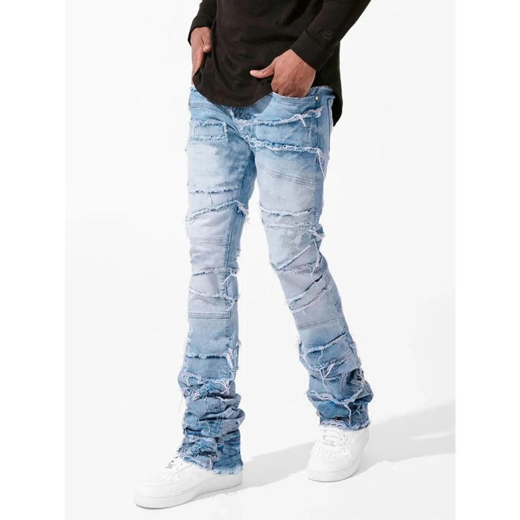 DRIPX New Stacked Jeans Men Patchworks Spliced Denim Ripped Wash Frayed Pants Male's Streetwear Men‘s Tassel Motorcycle Jeans
