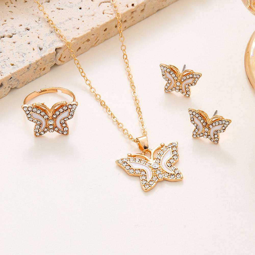 4-piece Set Of Women Fashionable And Simple Diamond Inlaid Butterfly Necklace Ring And Earring Set Highend And Versatile Zircon