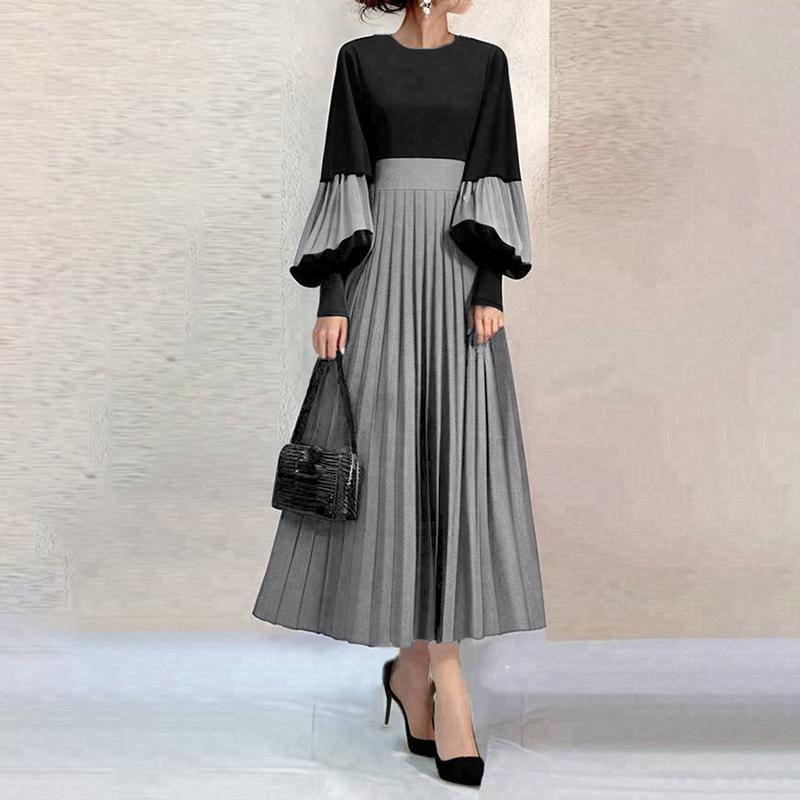 ZANZEA Women Casual Round Neck Puff Long Sleeve Loose Patchwork Dress