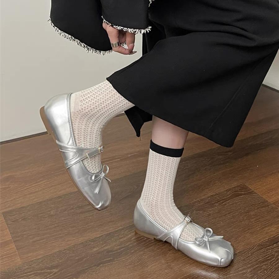 Srebrny temperament retro pojedyncze buty francuskie baletki damskie kokarda kwadratowy nosek lekkie usta miękkie płaskie buty Mary Jane damskie