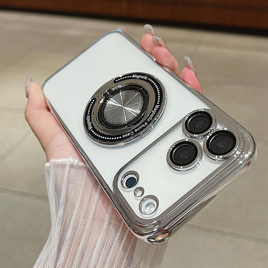 iPhone17PROMAX Electroplated Rotating Ring Magnetic Stand Case - Compatible with Apple 16 & 15 Soft Protection