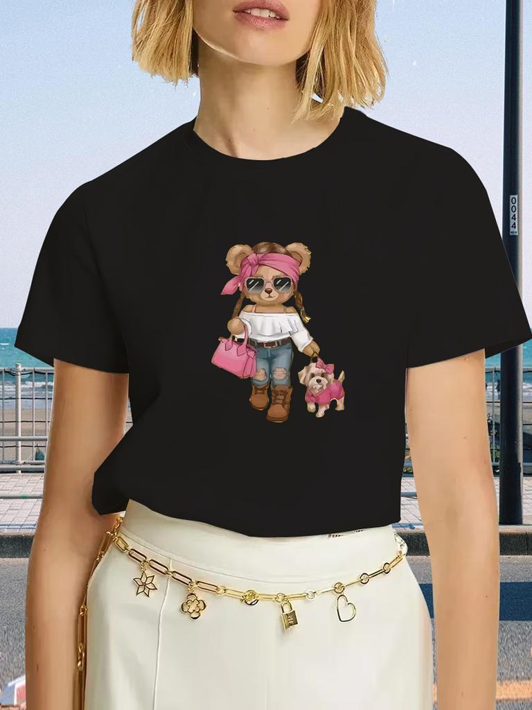 2025 Summer New T Shirt Women Fashion Bear Print Short Sleeve Tops Casual Pullover Street Y2k Fashion Tshirt Female Tees