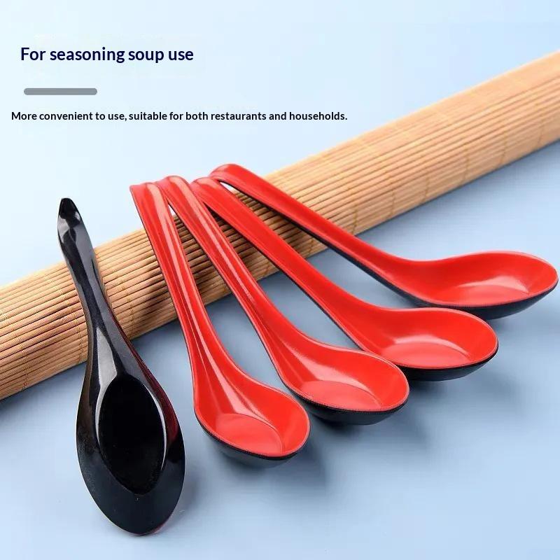 2Pcs Japanese Style Melamine Red Black Soup Spoon Long Handle Simulated Ceramic Ramen Spoon Drop-Resistant Heat-Resistant
