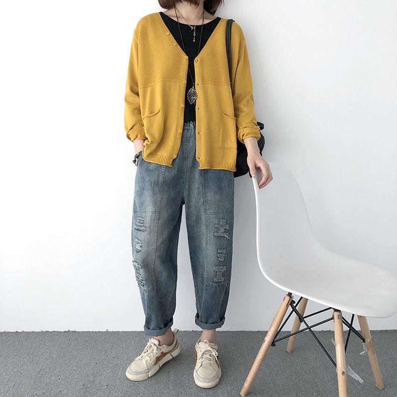 Women's Loose V-neck Long Sleeve Knitted Cardigan for Spring and Autumn 2025
