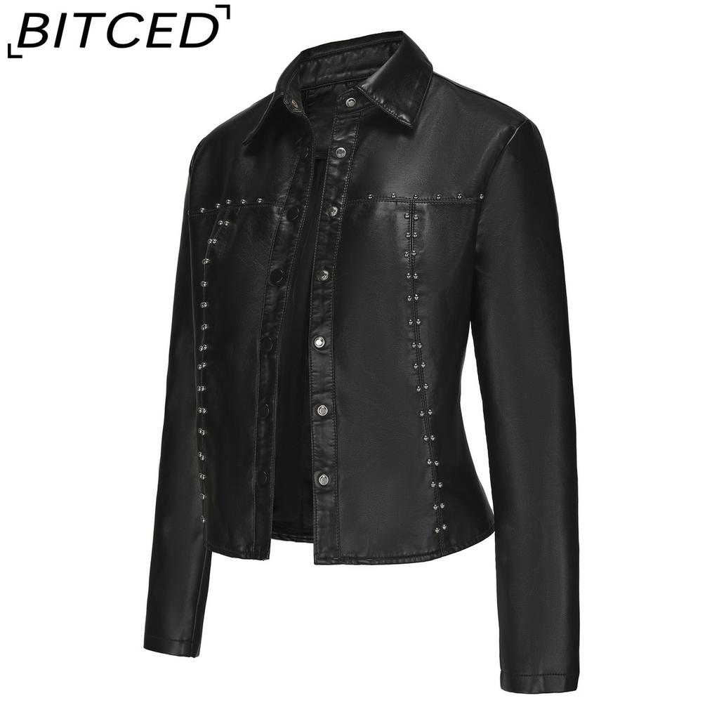 BITCED Women's Spring/Autumn Studded Leather Jacket Cardigan Button-Up Leather Clothing Fashionable Lightweight Outerwear