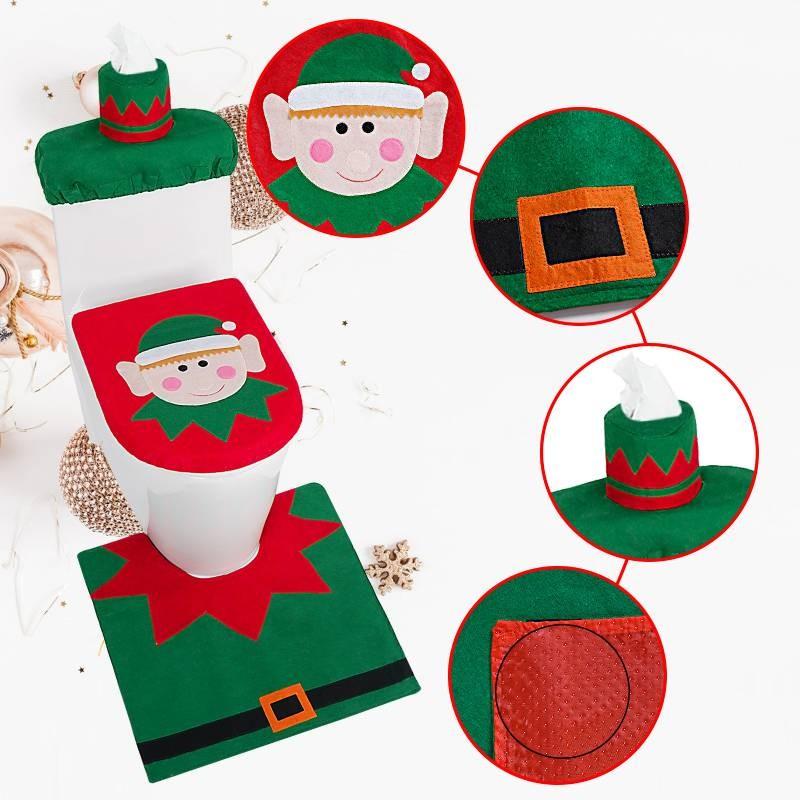 Christmas Elf Toilet Cover Set With Reindeer Santa Fabric For Holiday Decor