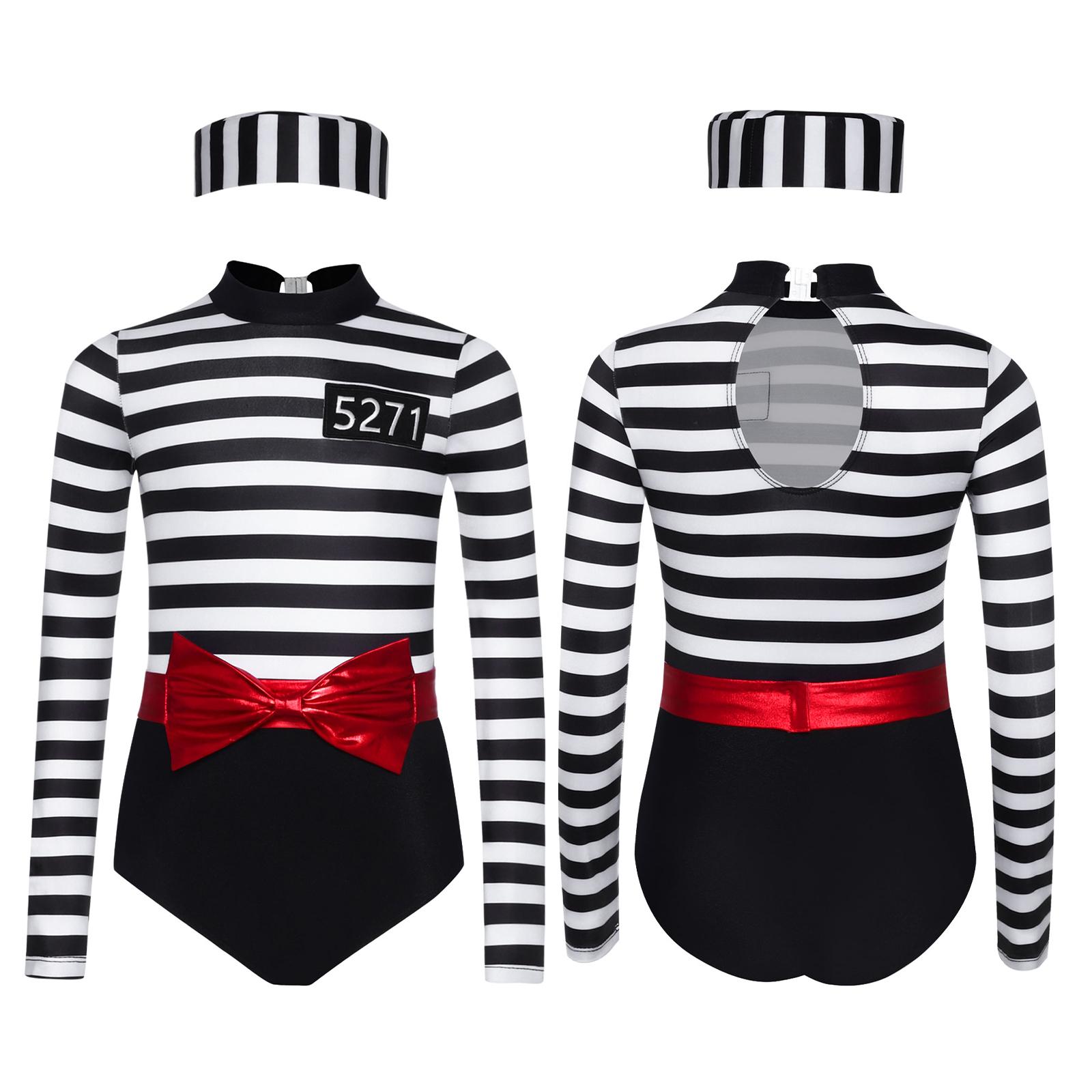 Children Girls Long Sleeve Striped Prison Jailbird Bodysuit with Belt Convict Cap Halloween Prisoner Criminal Cosplay Costume 6