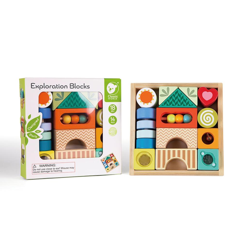 Classic World Exploration Blocks, Wooden Building Blocks with Sound and Mechanisms, Includes Rattle, Perfect for Half Birthdays, Girls, Boys, Babies