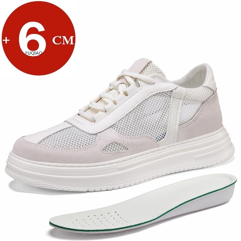 New Breathe Height Increasing Shoes for Men 6cm Invisible Elevator Sneakers White Leather/Mesh Lift Sports Zapatillas De Hombre