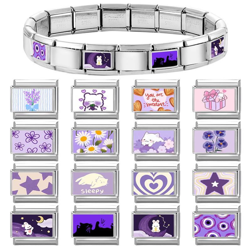 Fashion Purple Charm Heart Cat Rabbit Star Flower Eyes Moon Italian Charm Links Fit 9mm Stainless Steel Bracelet DIY Making Gift