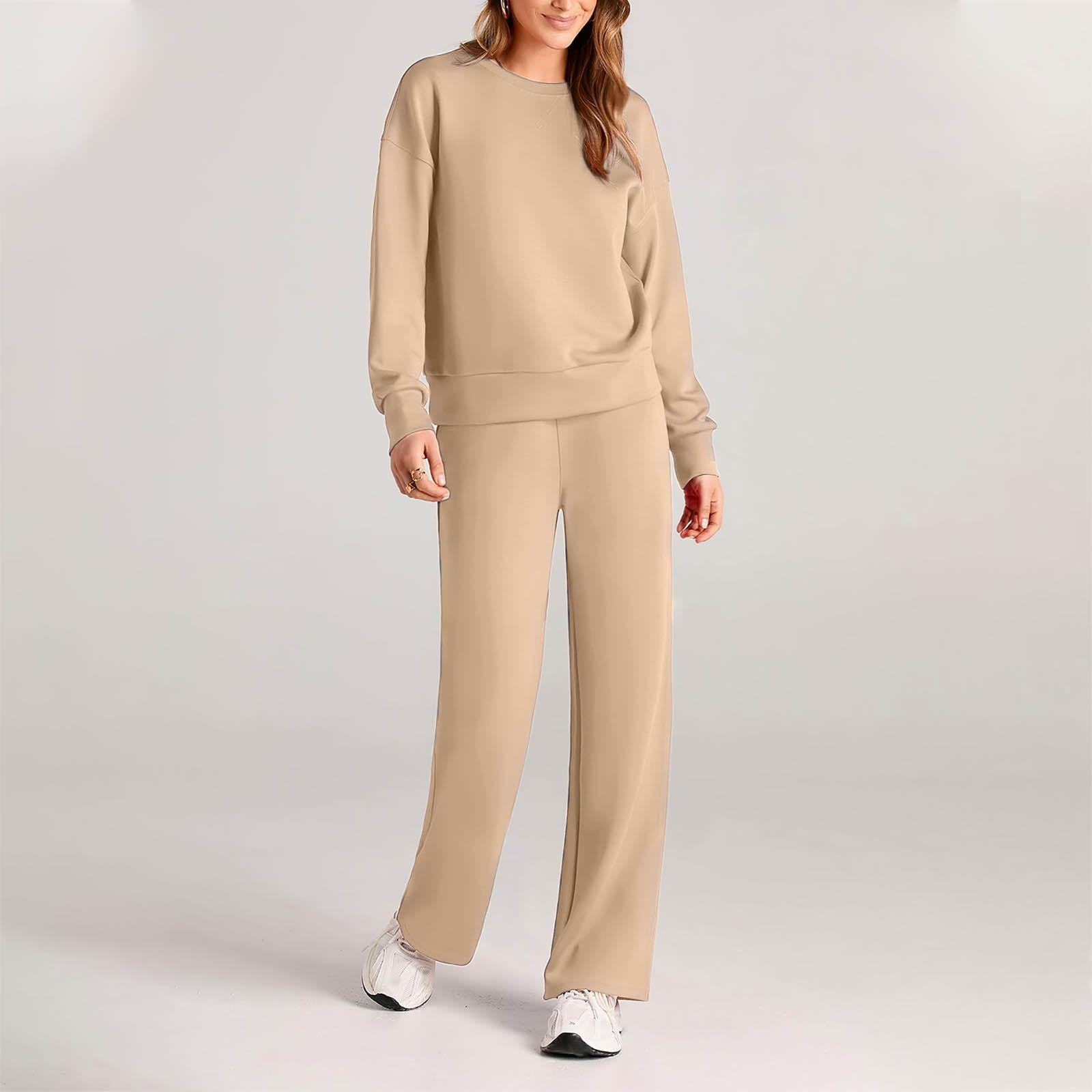 

Sweat Sets For Women 2 Piece Solid Pullover Tops Drawstring Straight Leg Sweatpants Womens Two Piece Set Fall S хаки