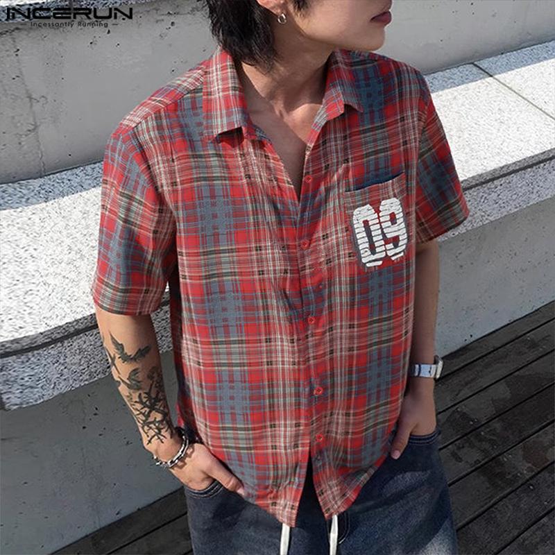 INCERUN Oversized Men Lapel Neck Short Sleeve Plaid Print Shirts Tops
