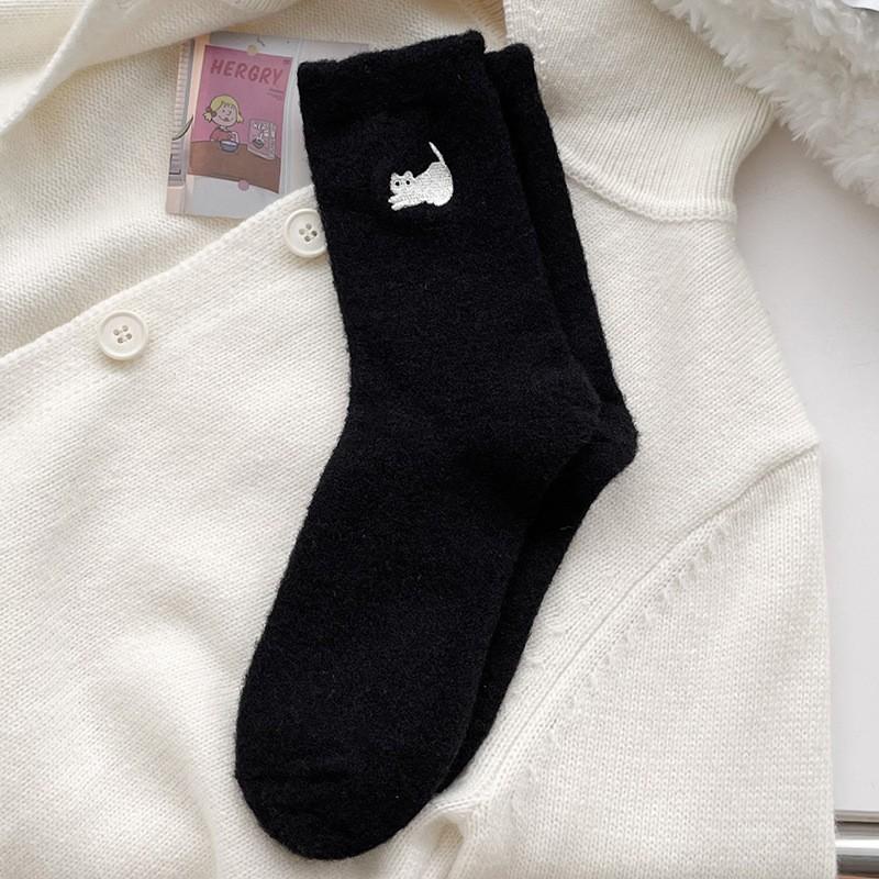 Socks Medium Tube Socks Season Fleece Thickened Warm Mink Fleece Socks Embroidered Cat Cute Home Sleep Socks