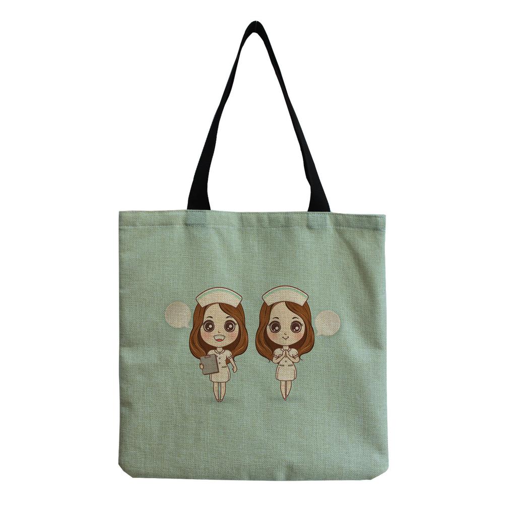 Damen Vintage Leinen-Tragetasche - Große Kapazität Krankenschwester-Print Schulter-Handtasche für Freizeit & Lebensmitteleinkauf KTB