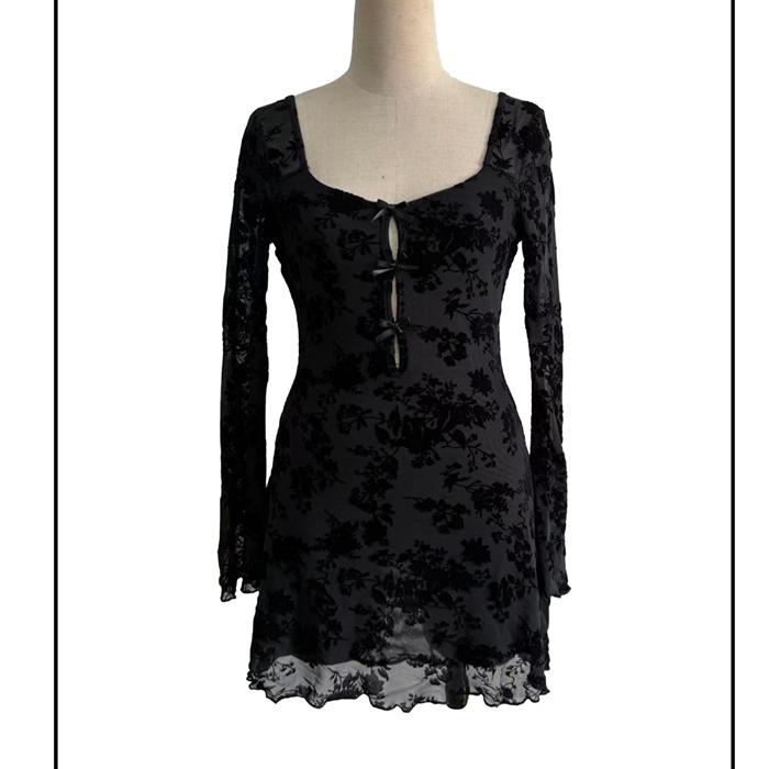 Women‘s Mesh Evening Dress - U Collar Bodycon Long Sleeve Dress with Flower Embroidery