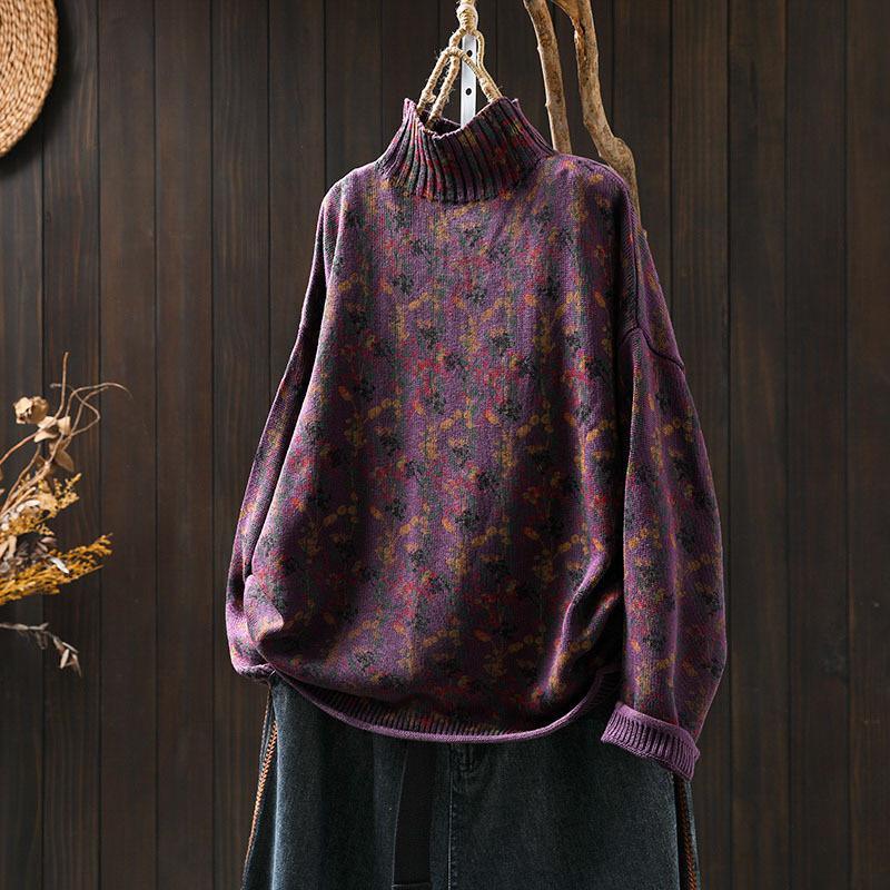 Women's Long Sleeve Turtleneck Sweater Mock Neck Floral Vintage Japanese Casual Pullover Knit Top