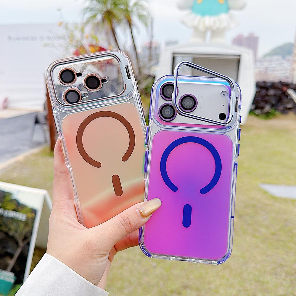 KEYSION Laser Gradient Magnetic Case for MagSafe for iPhone 11 12 13 14 15 17 Pro Max 16Plus Air 17e Lens Stand Shockproof Cover