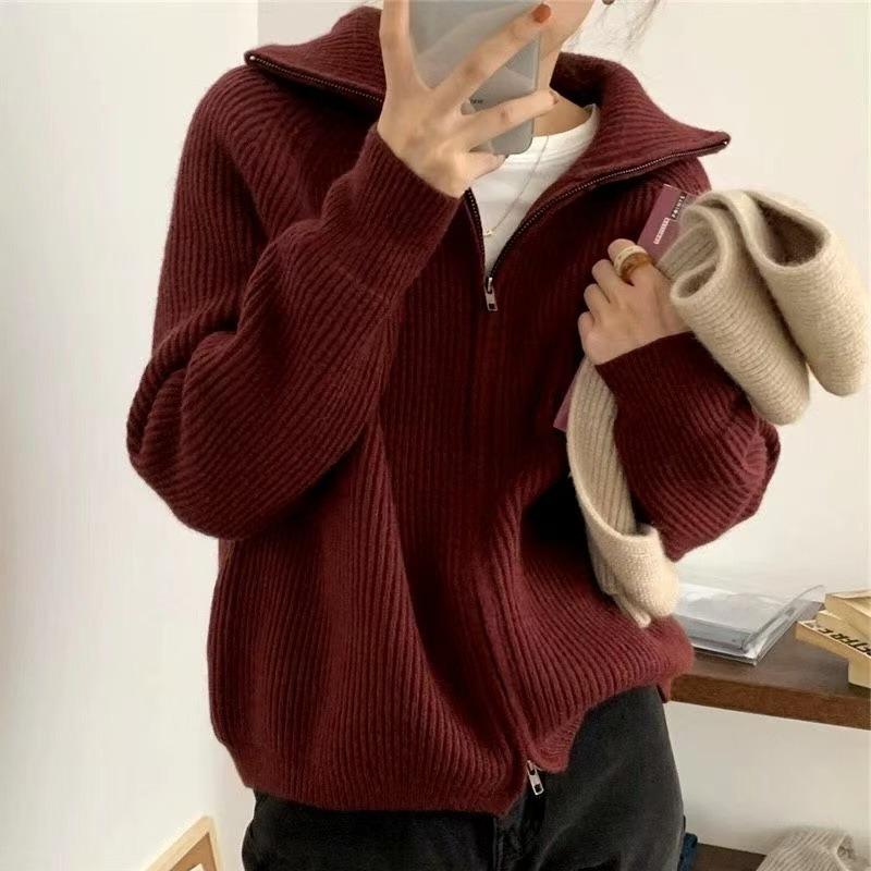 Retro zipper knitted cardigan women's autumn and winter new loose casual lazy wind lapel sweater jacket