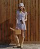 Teuwi Hirot Ribbon Shirred Short Sleeve Mini Dress
