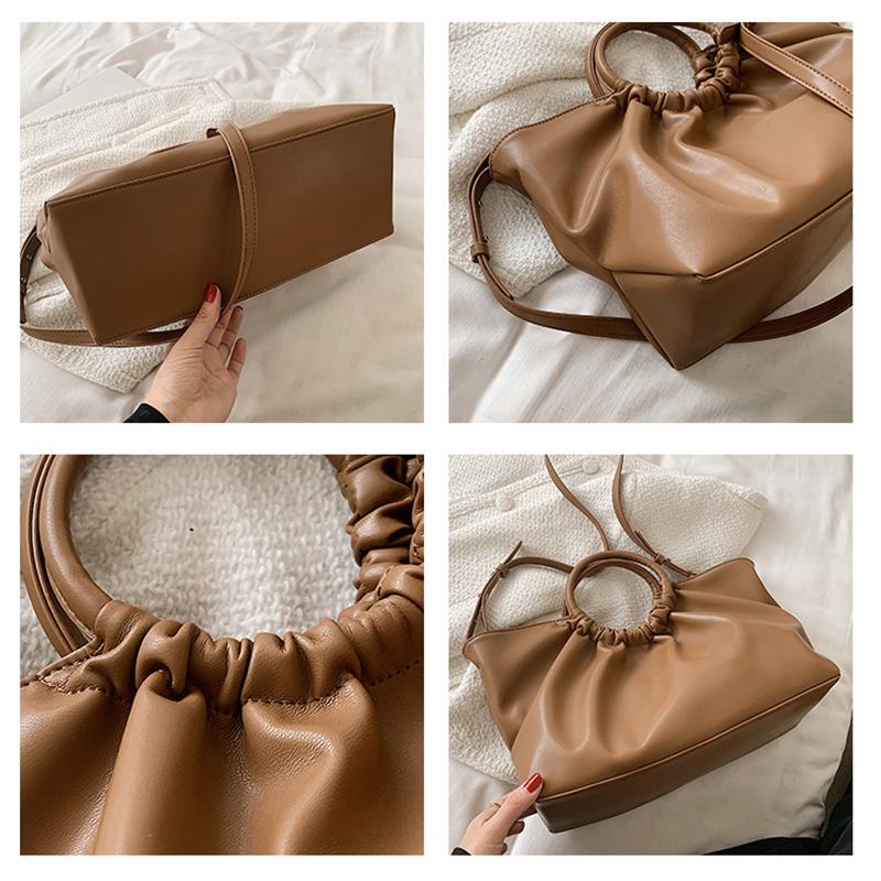 Vintage Stylish Casual Tote Bags for Women Soft Leather Round Handle Pleated Designer Handbags Oversized Shoulder Shopper