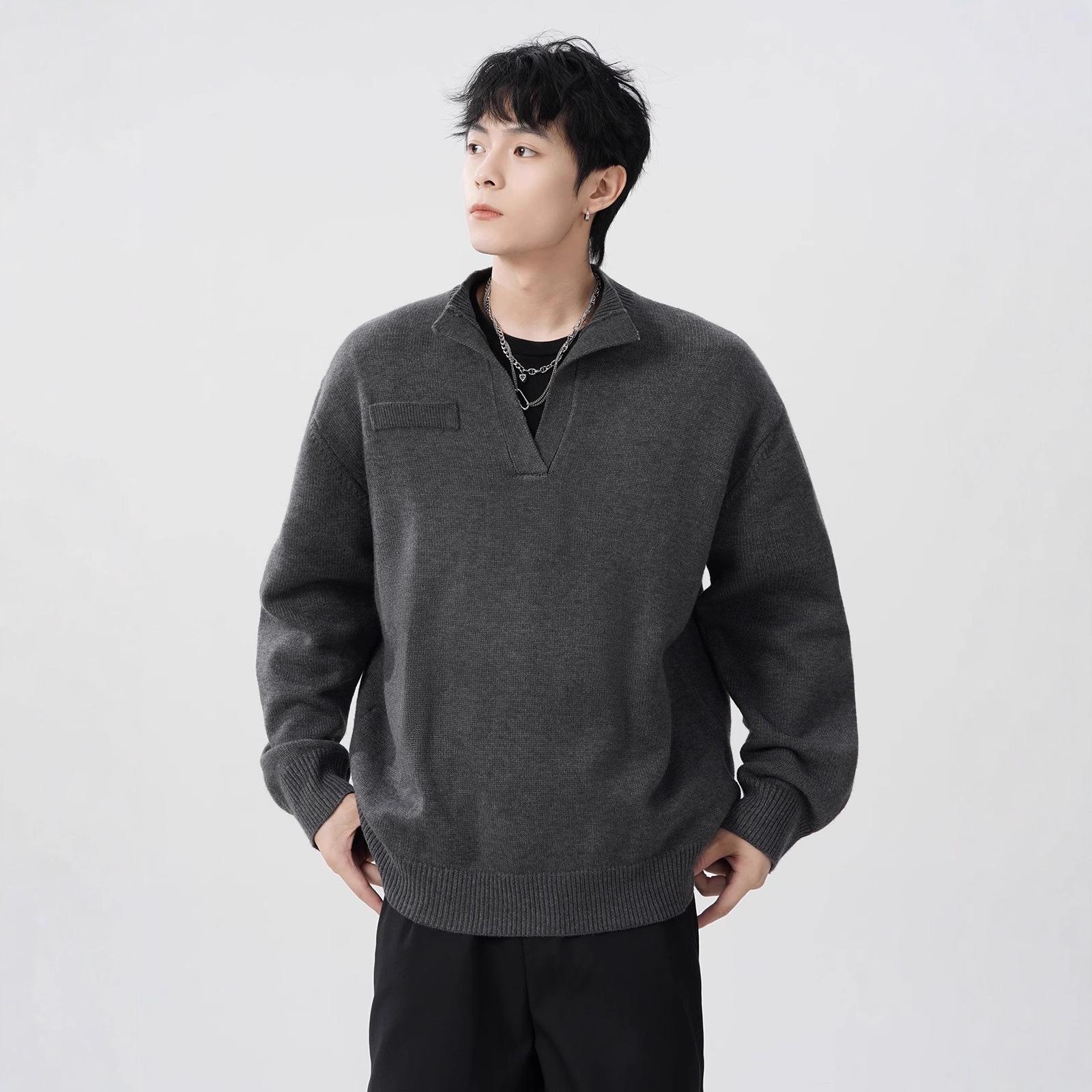 

Men s High-End Polo Collar Knit Jacket - Autumn & Winter Trendy, Solid Color, Versatile American-Style Unisex Top XL сірий колір
