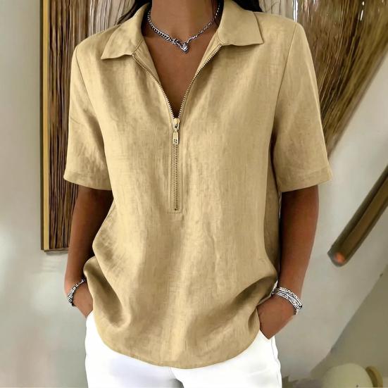 Damen Oberteile Revers Reißverschluss Halbe Knopfleiste Kurzarm Pullover Oberteile Normale Passform Einfarbige Freizeitbluse Partys Urlaube Tägliche Kleidung