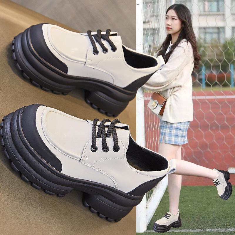 Leather loafers women's 2025 spring platform high heel height increase 8CM small leather shoes lace-up single shoes color matching design
