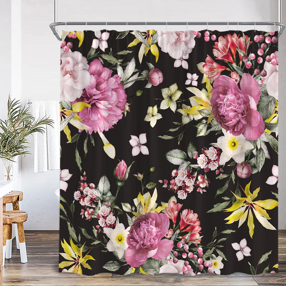 Vintage Floral Shower Curtain Colorful Flower Blossom Plant Green Leaf Dark Bathroom Decoration Polyester Bath Curtain with Hook