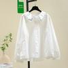 Damen Stickbluse Peter-Pan-Kragen Langarm Baumwolle Top