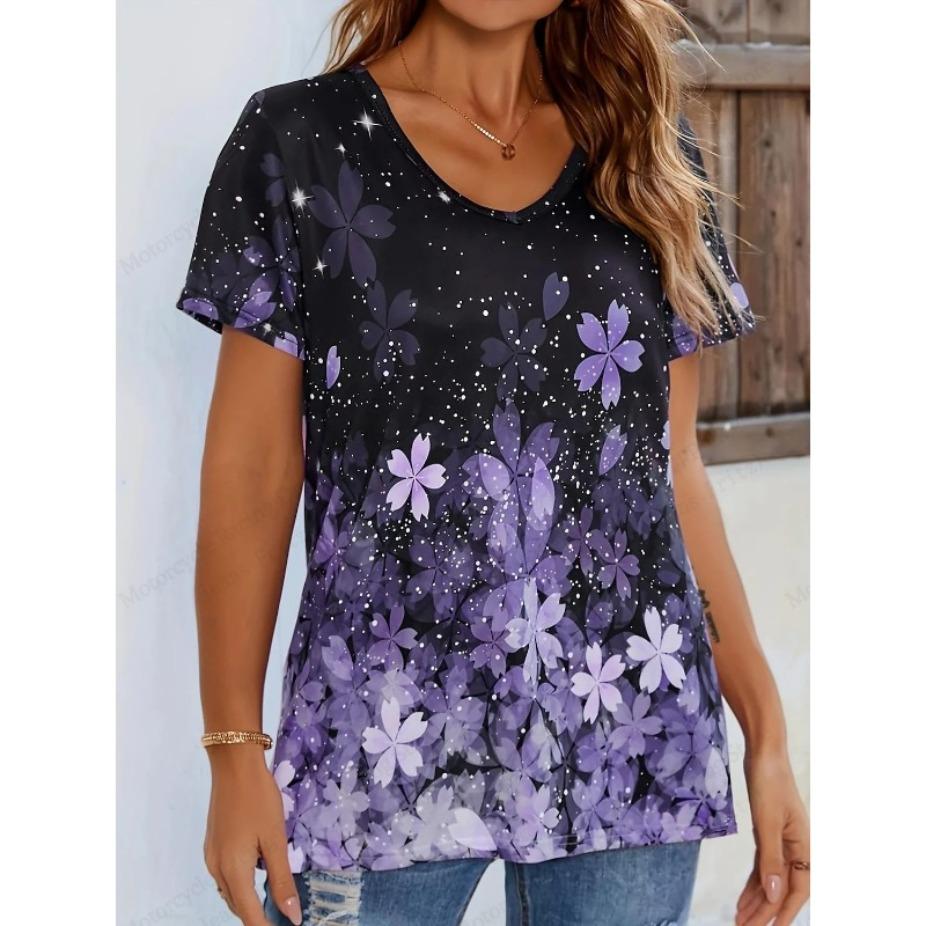 Summer V-neck 3D Petal Printed Top Fashionable Casual Short Sleeved Women's T-shirts