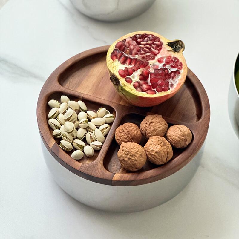 Stainless Steel Divided Dried Fruit Plate with Wooden Lid