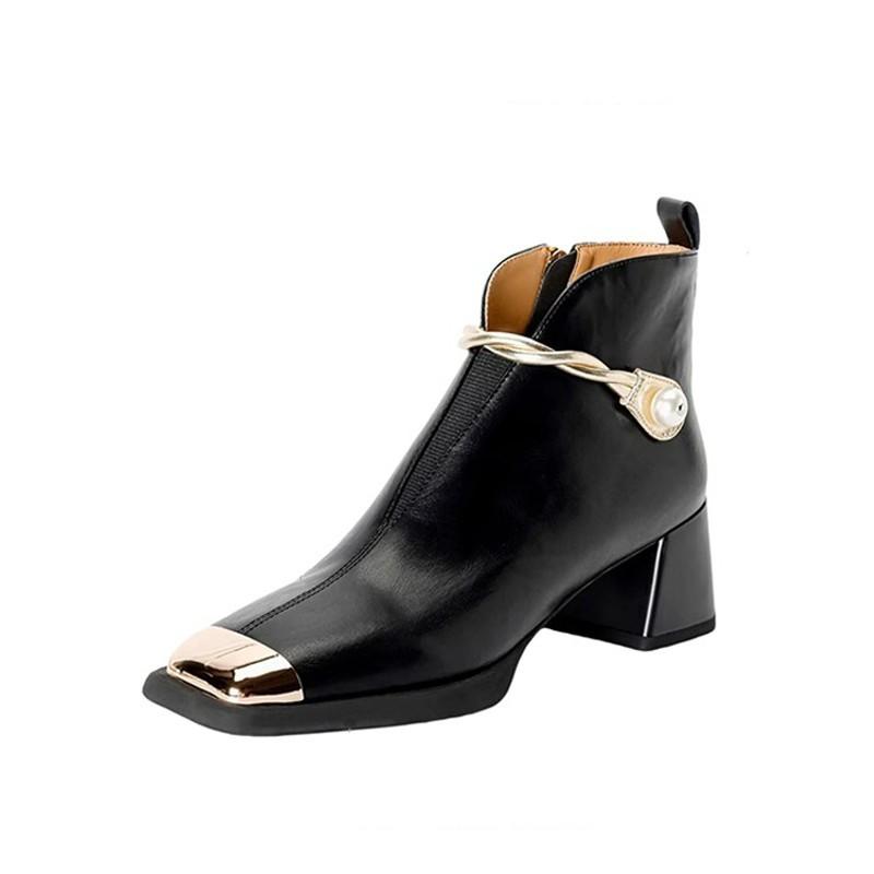 Fashion Block Heel Single Boots Autumn New Metal Pointed Toe Pearl Buckle Side Zip Non-Slip Naked Boots