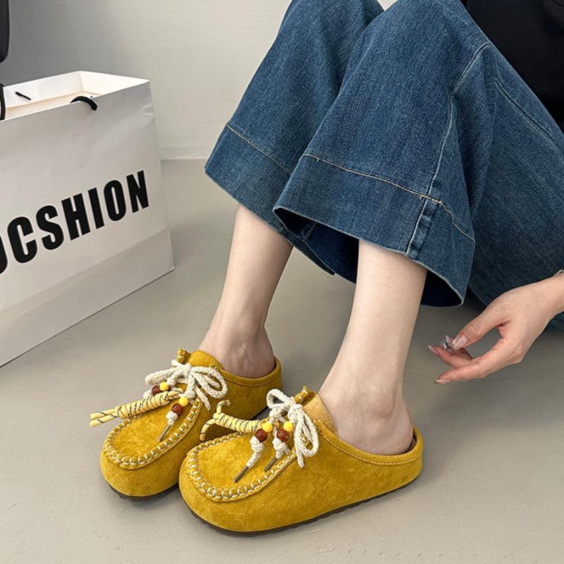 Fashion 2025 Autumn New Retro Flat Slippers Women's Round Toe Deep Mouth Platform Suede Front Lace-up Soft Slip Slides Women Slippers