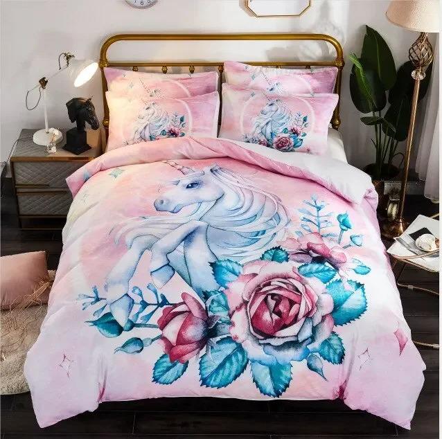 Children Bedding Set Single Bedding and Bed Sets Home Textile Unicorn Cartoon Lovely Kids Duvet Cover Set King Queen Full Twin