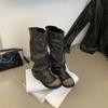 Polished Long Trouser Boots New Thick Heel Retro Spice Girl Western Cowboy Boots Black Pleated Pile Boots
