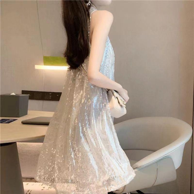 Flitrové šaty s kulatým výstřihem Dámské Odhalená ramena Volné a tenké Malý temperament High-end Bez rukávů Vesta Sukně Dlouhé šaty