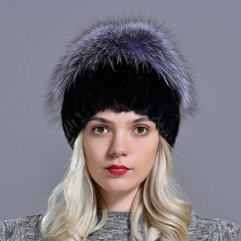 

Women Mink Fur Hat Fashionable Winter Pompom Luxury Fox Hats Female Warm Thick Stylish Real Fur Elegant Knit Caps One Size чорний
