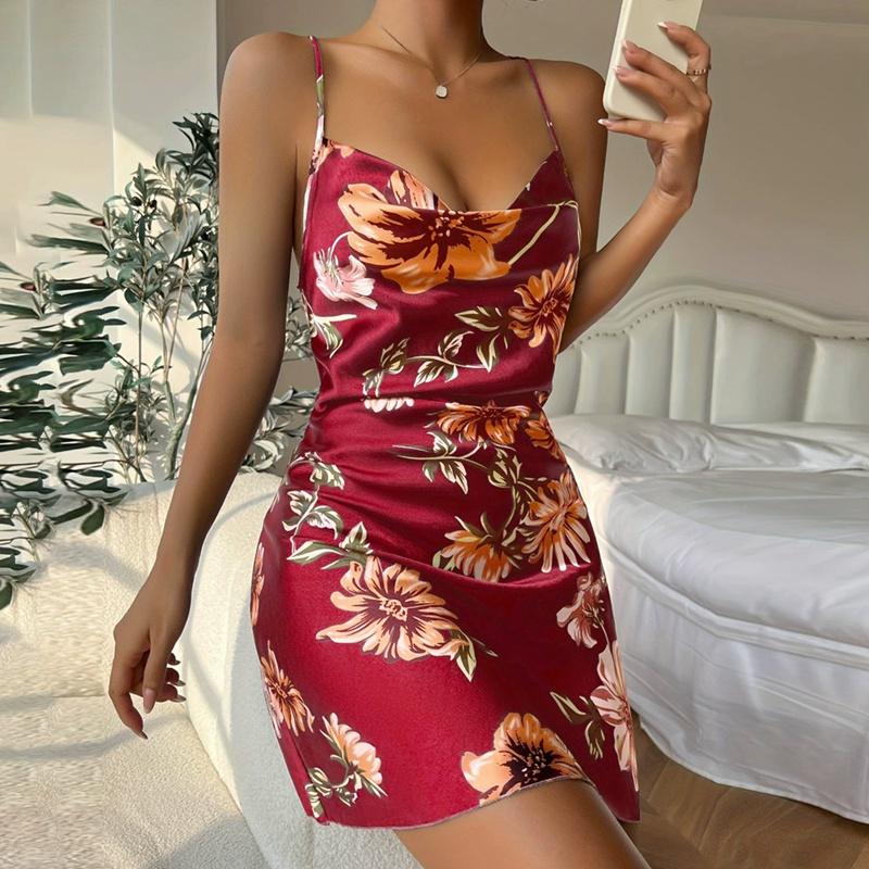 Women's Flora Print Silk Slip Dress Backless Sleeveless Dress