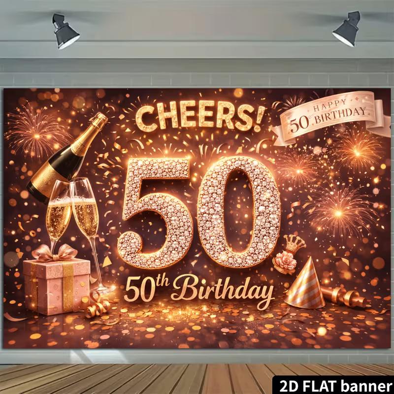 2D Rose Gold 50th Birthday Backdrop Shiny Diamond Number 50 Photography Banner