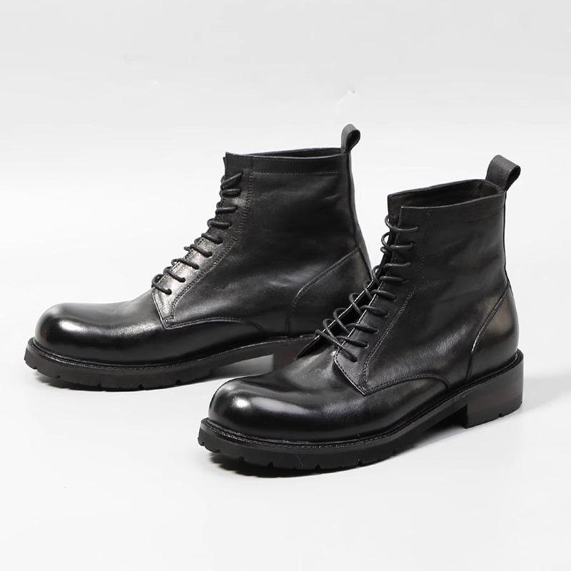 Retro Handmade Mens Ankle Boots High Quality Horsehide Leather Round Toe Thick Soled Outdoor Casual Knight Boots Platform Shoes