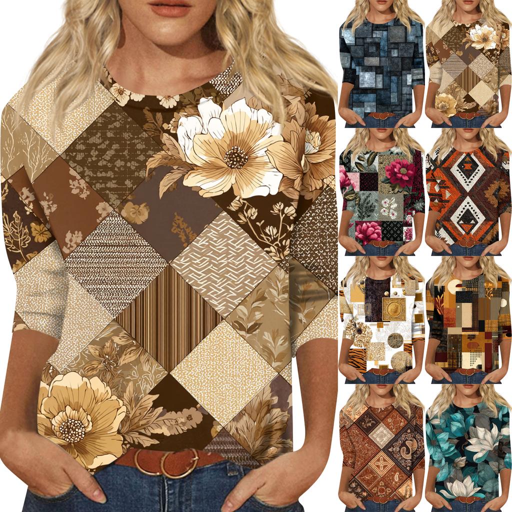 Women's Fashion Casual Round Neck Three-quarter Sleeve Retro Floral Print T-shirt Top