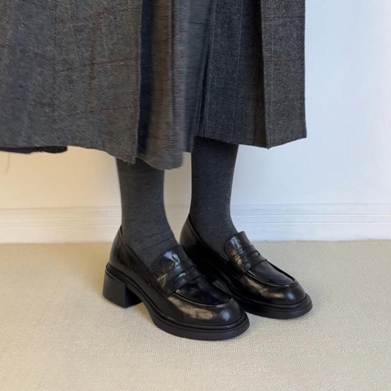 

Sheepskin version~ New retro thick-heeled women s one-pedal round-headed single shoes, genuine leather commuting lazy small leather shoes 35