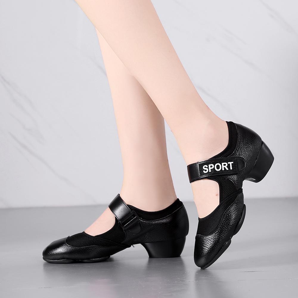 Wu Pa Women's Low Heel Leather Dance Shoes - Soft Sole, Breathable, Velcro Closure, Ideal for Ballroom, Middle-Aged & Elderly.
