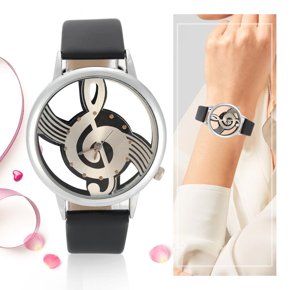 2Colors Quartz Analog Couple Watch Round Hollow Musical Note Dial PU Strap Wristwatch