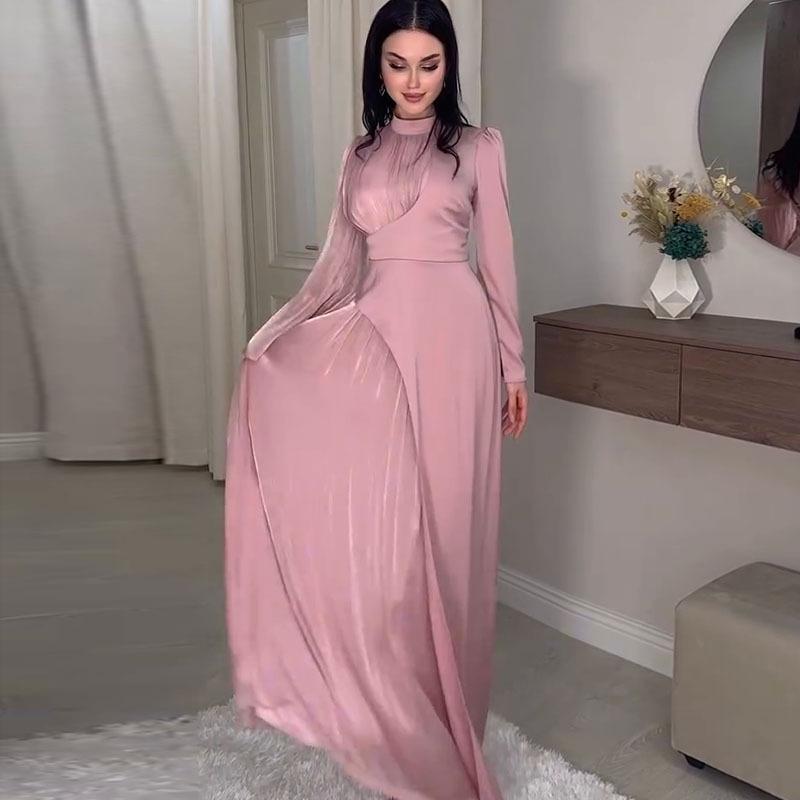 2024 Autumn/Winter Women's European Retro Color Block Slimming Long Sleeve Evening Dress